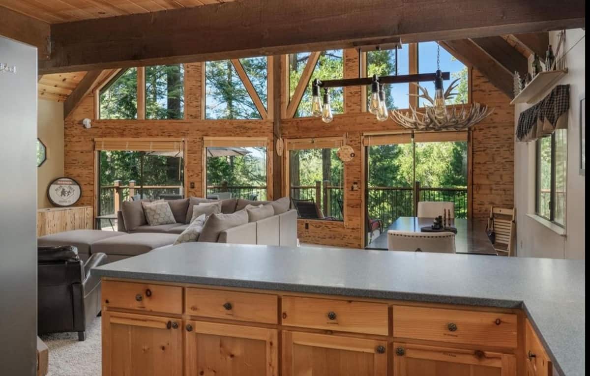 Kitchen island opening into the cathedral great room