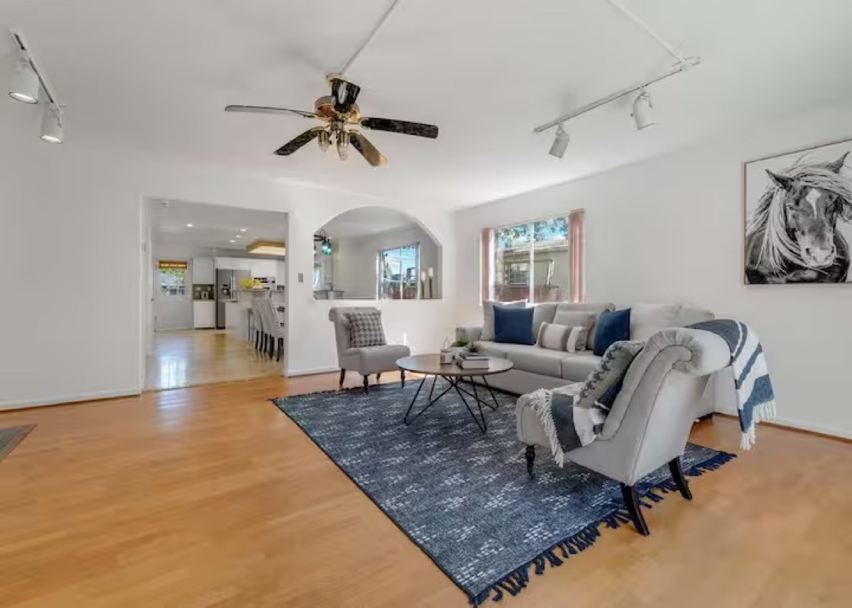 Bright living room with comfortable seating and hardwood floors